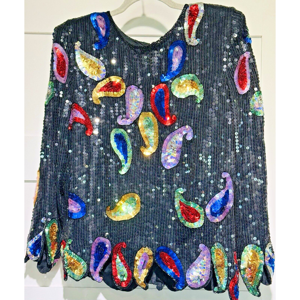 Vintage Sweet Lo 80's 100% Silk Sequin Embellished Elegant Party Top Lined Sz XL